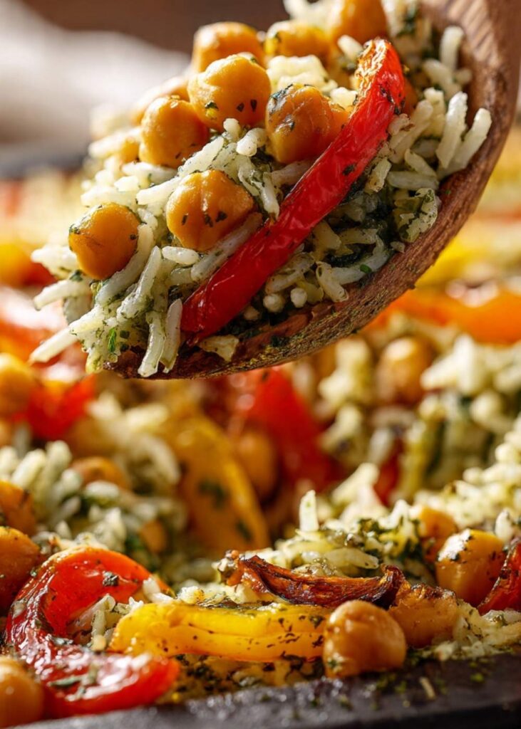 Easy Salsa Verde Rice Bake with Chickpeas — One-Pan Veggie Dinner salsa verde rice bake