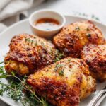 Crispy golden air fryer chicken thighs with smoky spice crust on a white plate