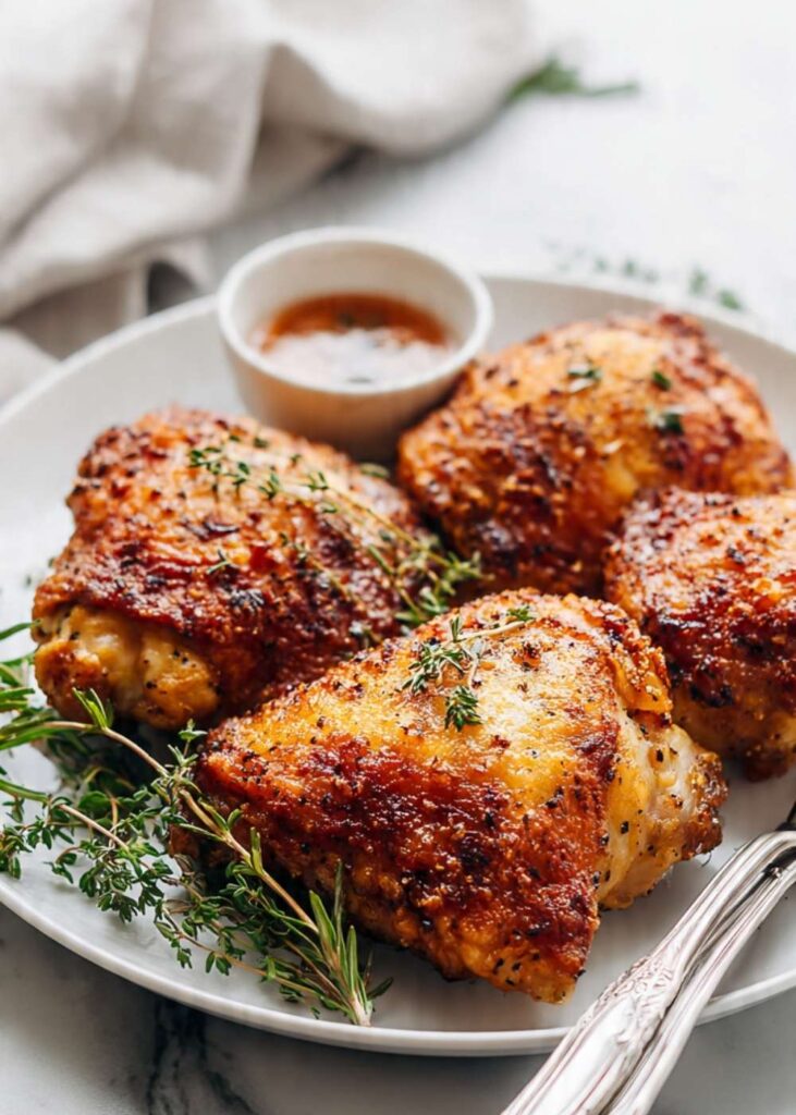 Crispy golden air fryer chicken thighs with smoky spice crust on a white plate