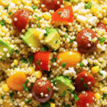 Vibrant avocado blueberry quinoa salad in a white bowl with toasted pepitas and fresh mint