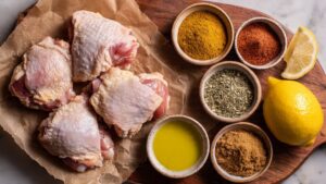 Crispy golden air fryer chicken thighs with smoky spice crust on a white plate ingredients