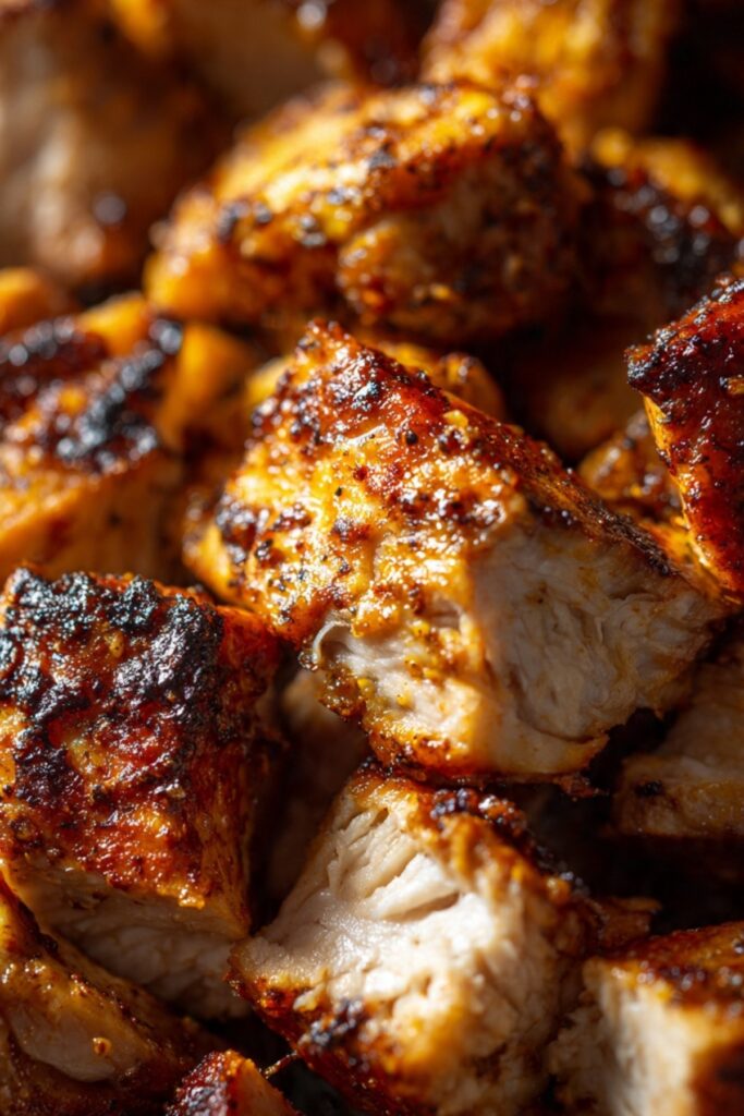 Crispy golden air fryer chicken thighs with smoky spice crust on a white plate