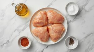 Crispy golden air fryer chicken thighs with smoky spice crust on a white plate ingridients