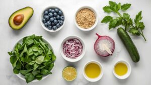 Vibrant avocado blueberry quinoa salad ingredients