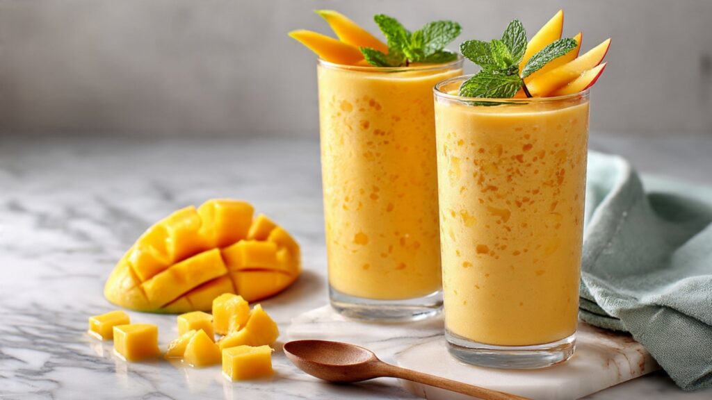 Two tall glasses of tropical fruit smoothie with milk garnished with fresh mango and mint on white marble — best 5-minute blender recipe
