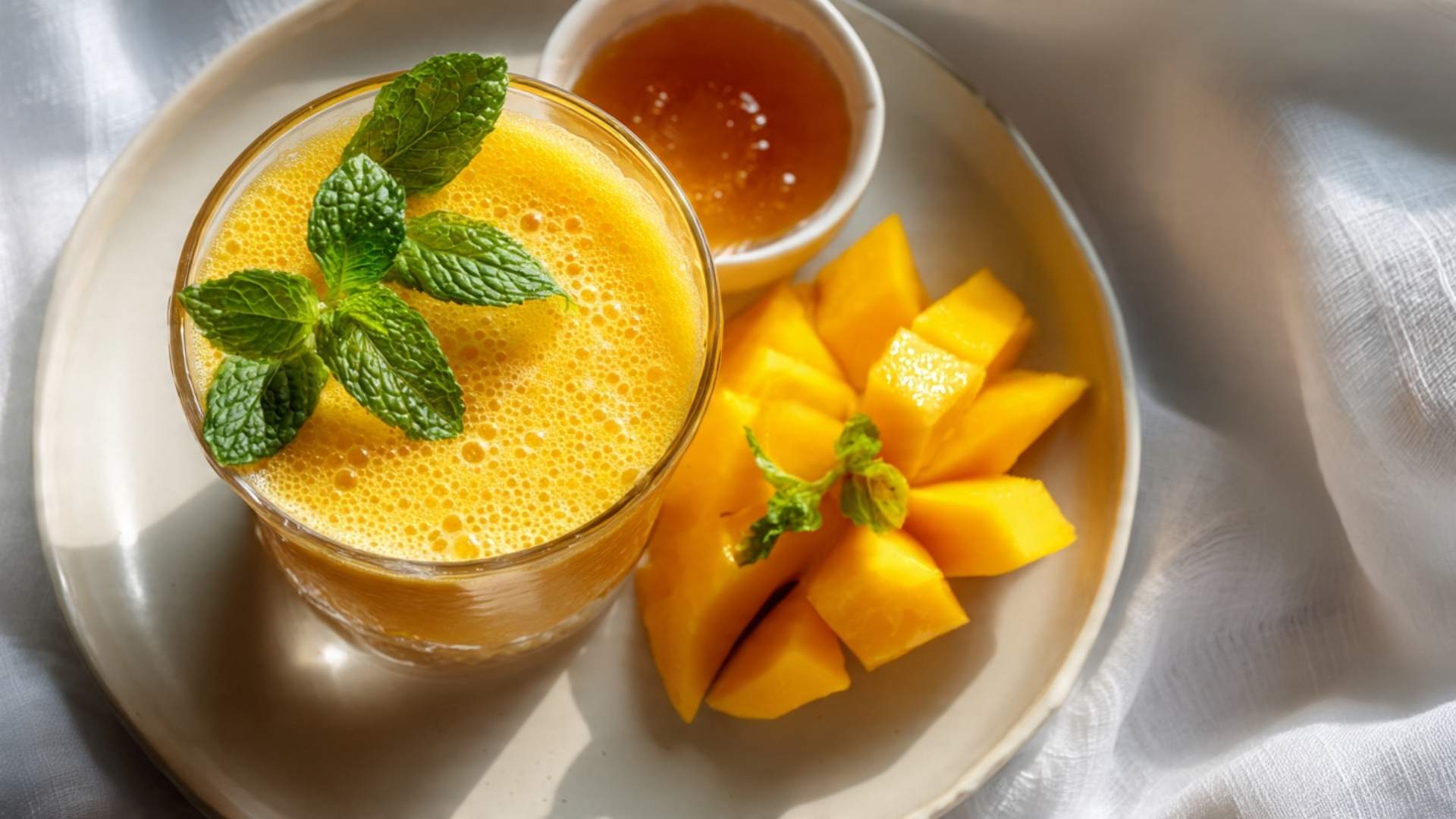 Two tall glasses of tropical fruit smoothie with milk garnished with fresh mango and mint on white marble — best 5-minute blender recipe