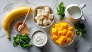 Tropical Fruit Smoothie with Milk – Best 5-Minute Blender Recipe Tropical Fruit Smoothie with Milk ingridients