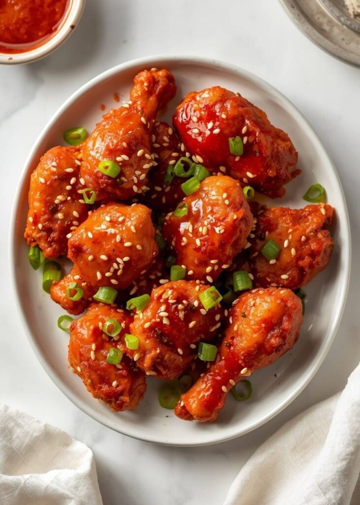 Crispy Gochujang Chicken on a white ceramic plate with glossy red glaze, sesame seeds, green onions, and a small bowl of sauce on a white table.