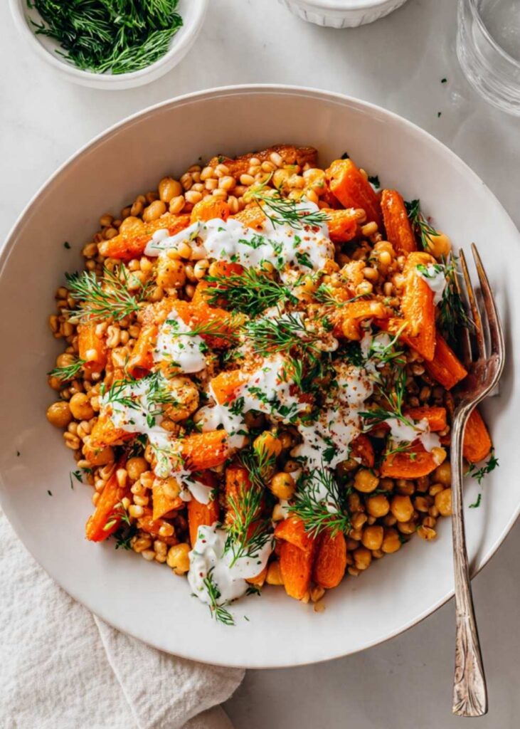 Roasted Carrot Farro Bowl with Chickpeas & Herbed Crème Fraîche
