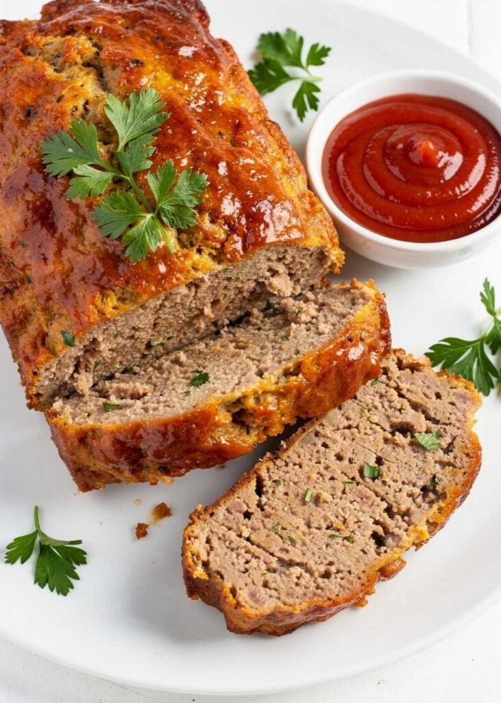 Styled lifestyle food photography of The Best Turkey Meatloaf Recipe served on a white marble table, surrounded by fresh parsley, a small bowl of ketchup glaze, and a side of creamy mashed potatoes, bright airy natural afternoon light, no shadows, no smoke, clean white table, minimal styling, food blog photography style