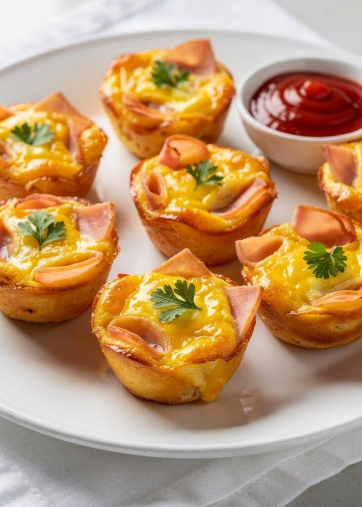 Ham and Cheese Egg Cups served on a white plate with fresh herbs, golden baked tops, and a bright breakfast presentation