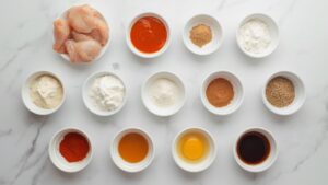 Crispy Gochujang Chicken Flat lay of all ingredients for Crispy Gochujang Chicken arranged neatly on a white marble table.
