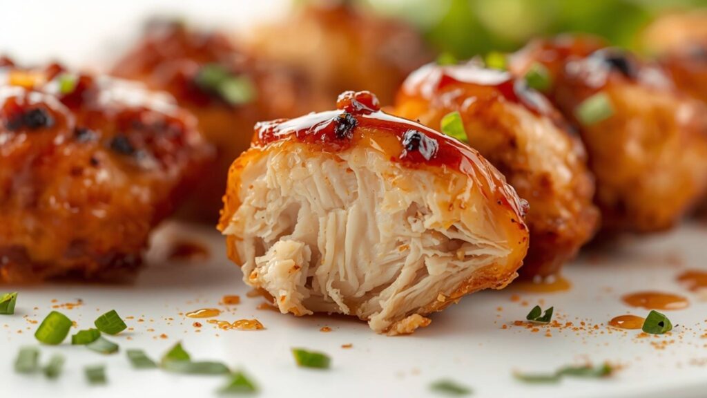 Golden honey chipotle chicken skewers on a white ceramic plate, garnished with fresh cilantro and a small bowl of chipotle sauce on the side, bright natural light on a clean white table.