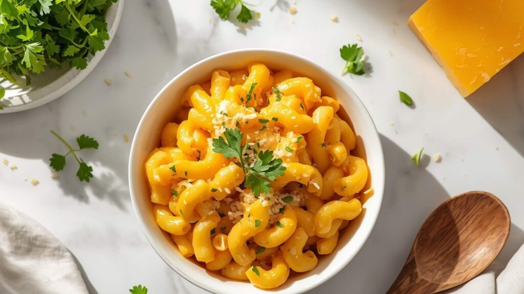 Overhead flat lay of creamy Instant Pot Mac and Cheese on a white ceramic plate with golden cheese sauce, garnished with fresh parsley and shredded cheddar, small bowl of extra cheese sauce on the side, white linen napkin, bright natural daylight on white table