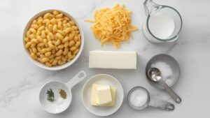 Complete flat lay overhead shot of all ingredients for Instant Pot Mac and Cheese on clean white marble table: bowl of dry elbow macaroni, pile of shredded cheddar cheese, cream cheese block, small pitcher of milk, butter on plate, small bowls of salt and garlic powder, measuring cups and spoons arranged neatly, bright natural daylight on white table, clean minimal food photography style