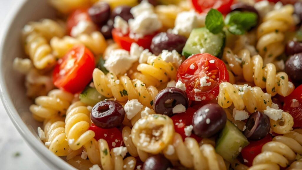 Close-up of quick and easy pasta salad showing rotini pasta, cherry tomatoes, cucumber, and olives