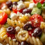 Close-up of quick and easy pasta salad showing rotini pasta, cherry tomatoes, cucumber, and olives