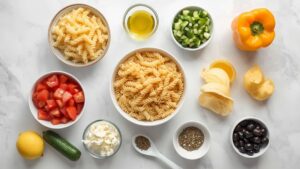 Quick and Easy Pasta Salad Flat lay of all quick and easy pasta salad ingredients on white marble table with bowls and spoons