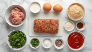 The Best Turkey Meatloaf Recipe Turkey meatloaf ingredients flat lay in white bowls on white marble, bright overhead light.