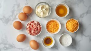 Flat lay of all ingredients for Ham & Cheese Egg Cups neatly arranged on clean white marble table: 6 large eggs, 1 cup diced ham, 1 cup shredded cheddar cheese, 1/2 teaspoon salt, 1/4 teaspoon pepper in small bowls, overhead shot, bright natural daylight, clean minimal food photography style