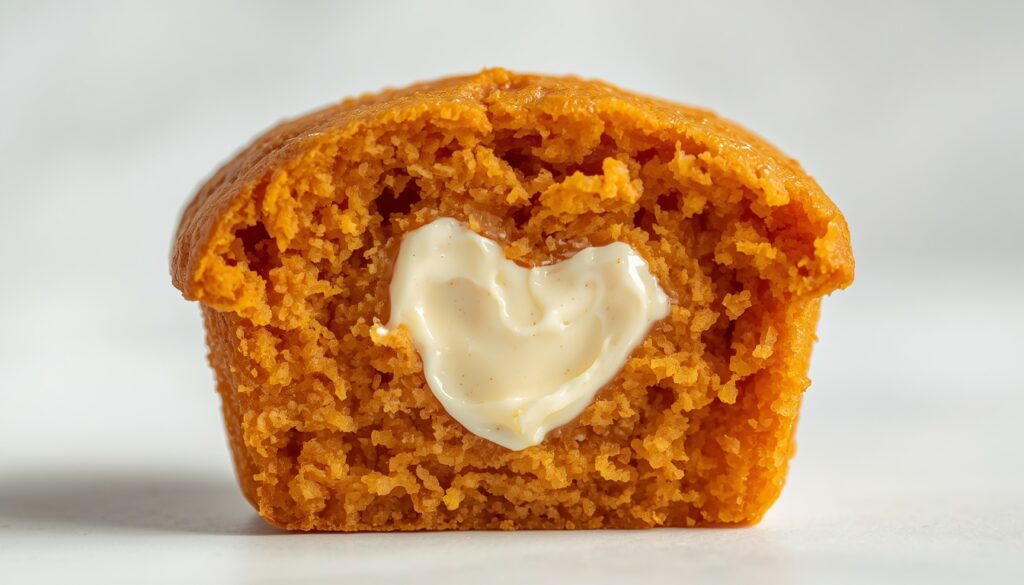 Golden pumpkin cream cheese muffins with cream cheese swirl on a white ceramic plate, white table.