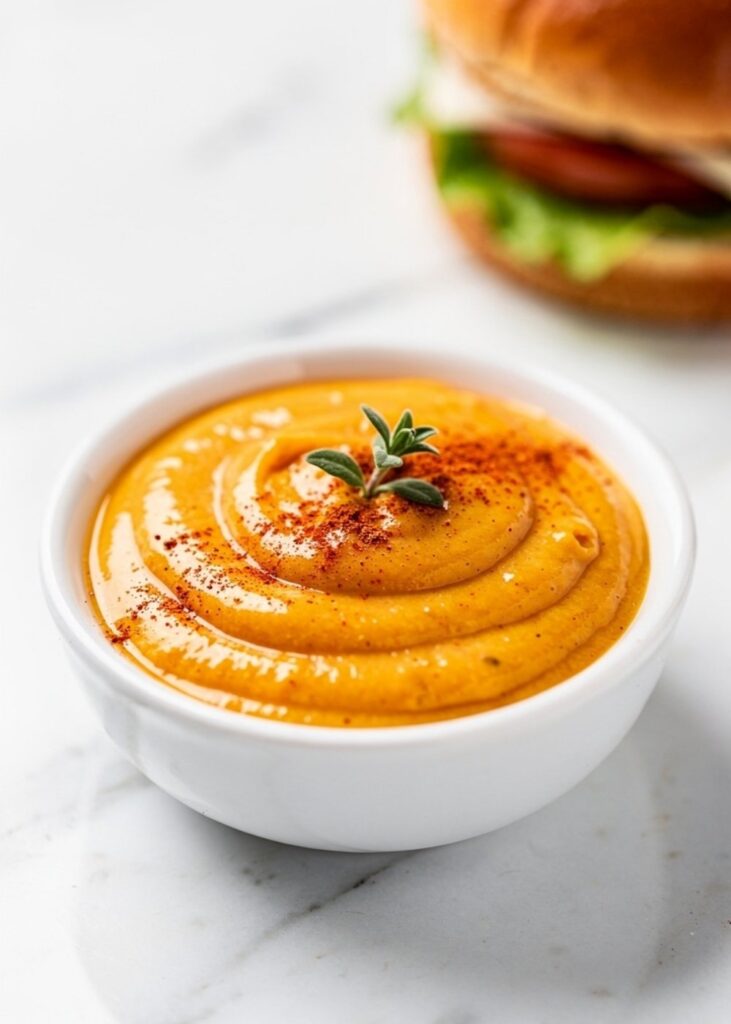 Classic Burger Sauce Overhead flat lay of classic burger sauce in a white ceramic bowl on a white marble table, garnished with paprika and fresh herbs