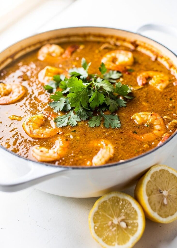 Easy Seafood Boil Sauce Overhead flat lay of homemade seafood boil sauce in a white bowl on a white marble table, garnished with fresh parsley and lemon wedge