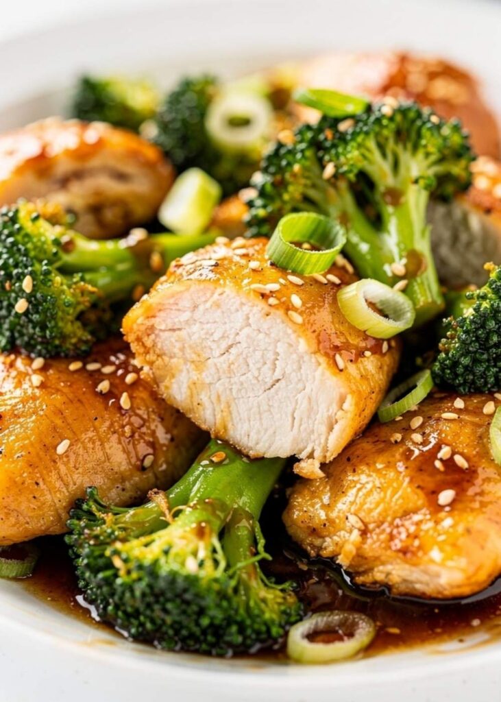 Close-up macro shot of easy chicken and broccoli stir fry showing golden chicken interior and bright green broccoli with glossy sauce, sesame seeds visible.