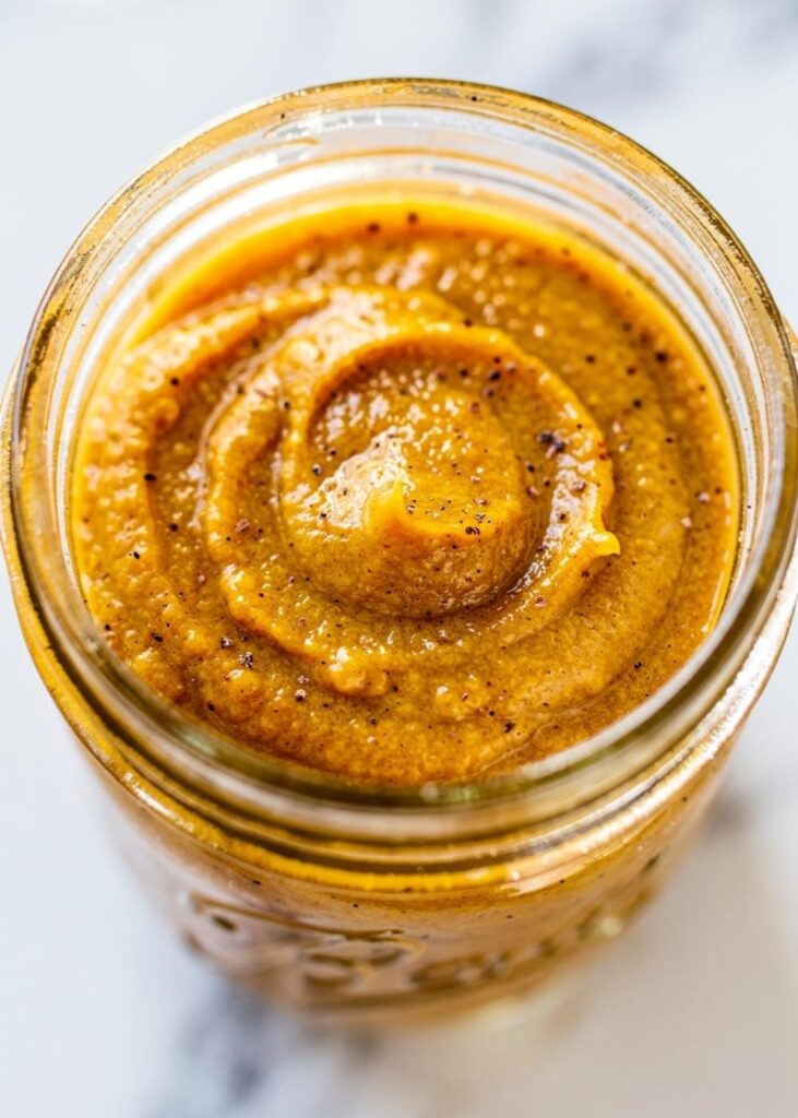 Lifestyle flat lay of pumpkin butter in a glass Mason jar on a white marble table surrounded by warm toast, oatmeal with pumpkin drizzle, cinnamon sticks, nutmeg,