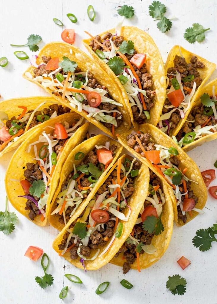 Overhead flat lay of Brandon's Egg Roll Tacos with crispy golden shells, seasoned pork filling, shredded cabbage, carrots, and fresh cilantro on a white table.