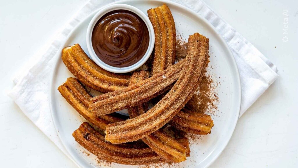 Homemade Churros Golden homemade churros arranged on a white ceramic plate dusted with cinnamon sugar, with a small bowl of chocolate dipping sauce on a white table.