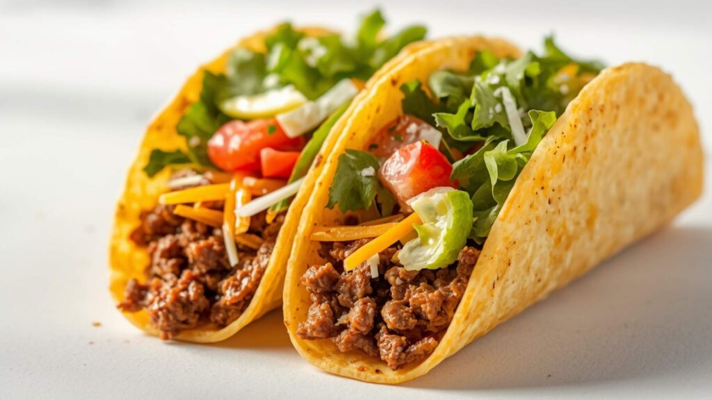 Easy Beef Tacos Close-up cross section of a beef taco showing seasoned ground beef filling, shredded cheese, crisp lettuce, and diced tomatoes inside a crispy tortilla shell