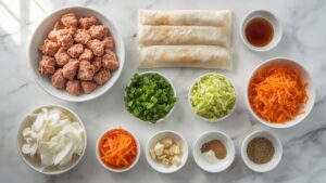 Brandon's Egg Roll Tacos All ingredients for Brandon's Egg Roll Tacos arranged on a white wooden table including pork, wrappers, cabbage, and spices.