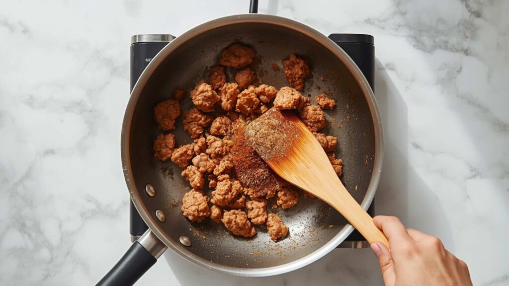 Seasoned ground pork with cabbage and carrots cooking in a non-stick skillet for Brandon's Egg Roll Tacos filling.