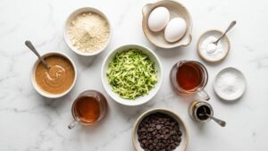 Flat lay of all ingredients for almond butter chocolate chip zucchini bars on white marble.