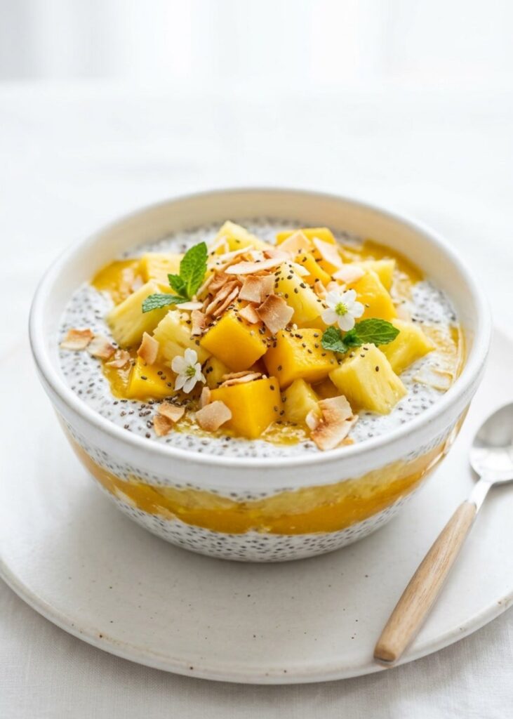 Tropical chia pudding breakfast bowl with mango, pineapple, and coconut