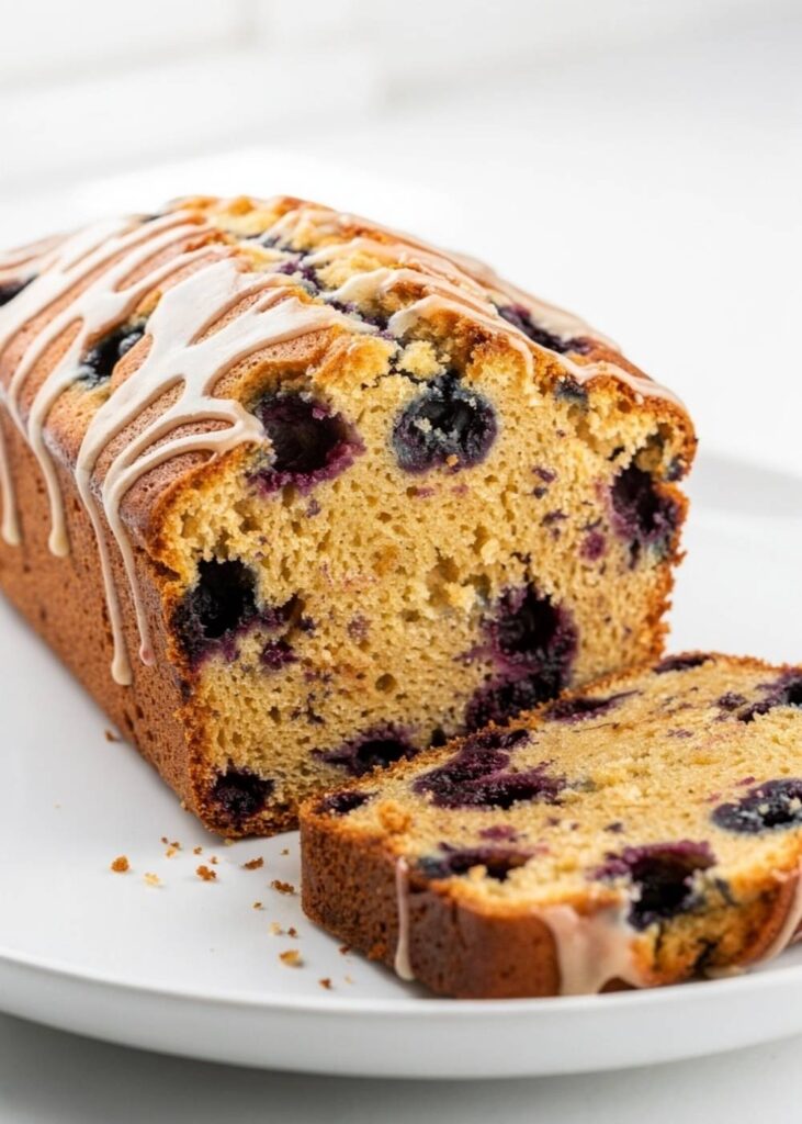Lemon Blueberry Bread Sliced lemon blueberry bread arranged in an overhead flat lay on a white plate.