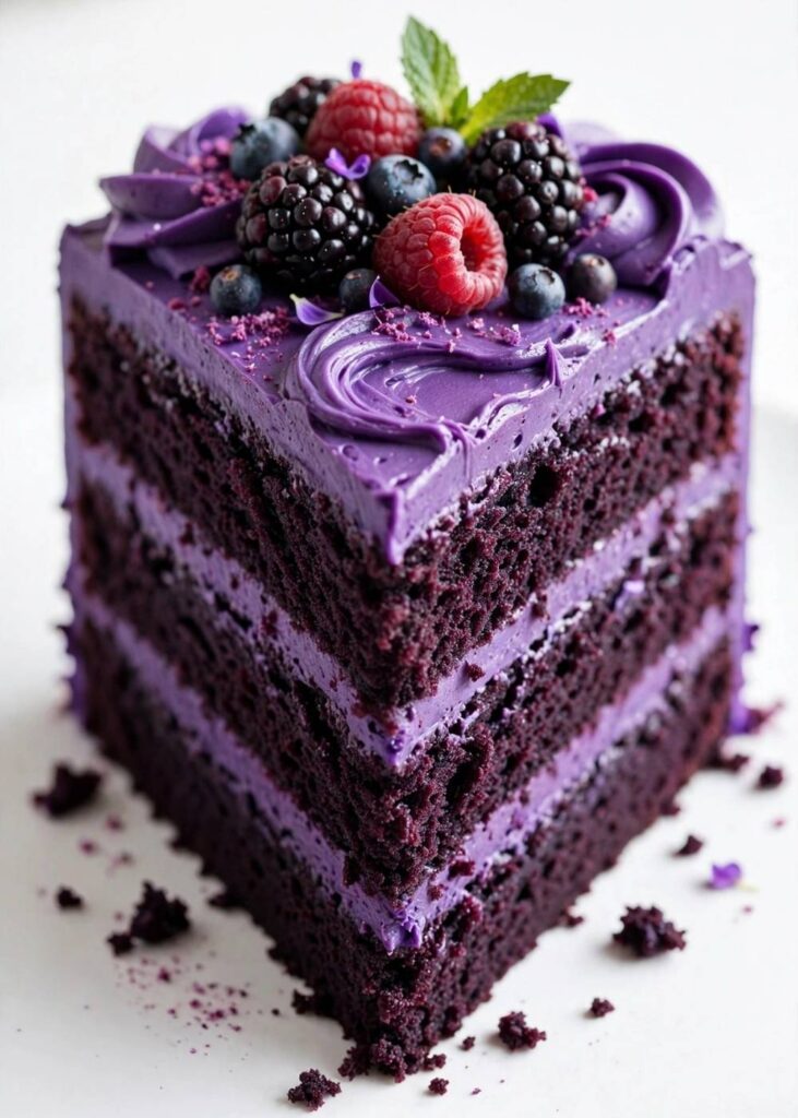 Purple Velvet Cake Recipe Purple velvet cake recipe with glossy frosting and berry topping