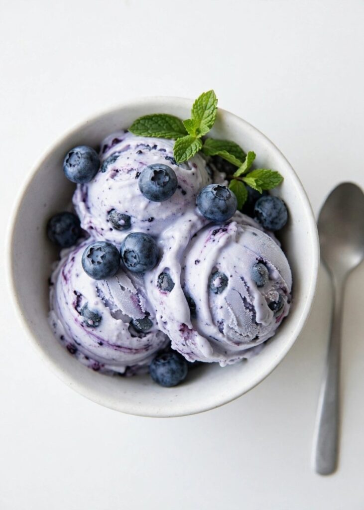 Overhead shot of blueberry frozen yogurt in a white bowl with fresh berries.
