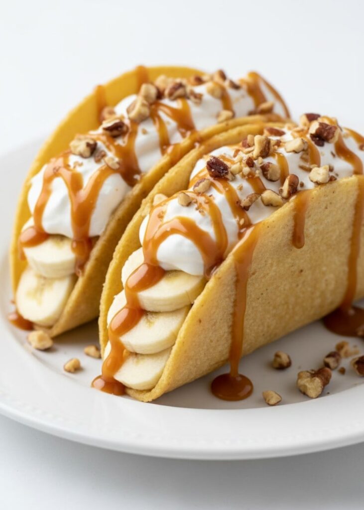 Caramel Banana Nuts Tacos Overhead view of caramel banana nuts tacos with whipped cream and nuts