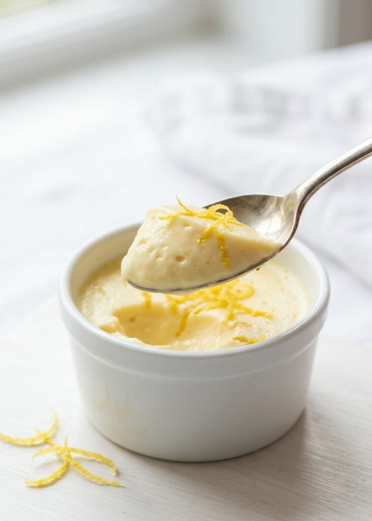 Overhead shot of lemon posset in glass ramekins on a white table.