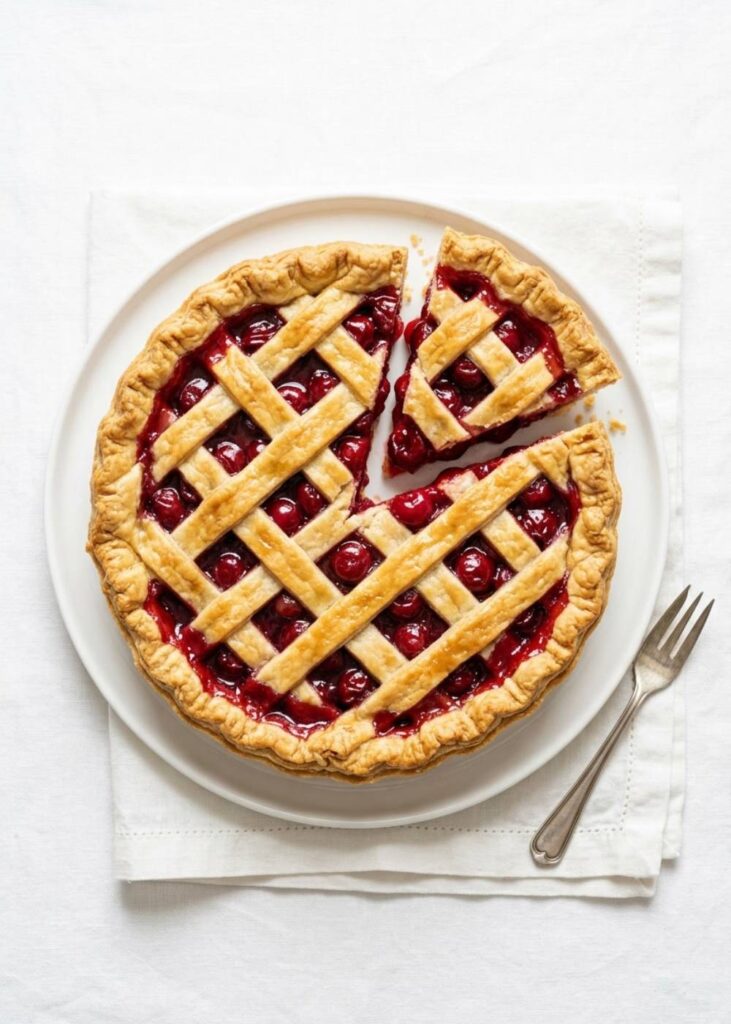 Homemade Cherry Pie Homemade cherry pie on a white background with a flaky golden crust and glossy cherry filling.