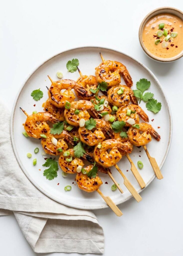 Overhead flat lay of golden bang bang shrimp skewers on a white plate with Bang Bang sauce and cilantro garnish