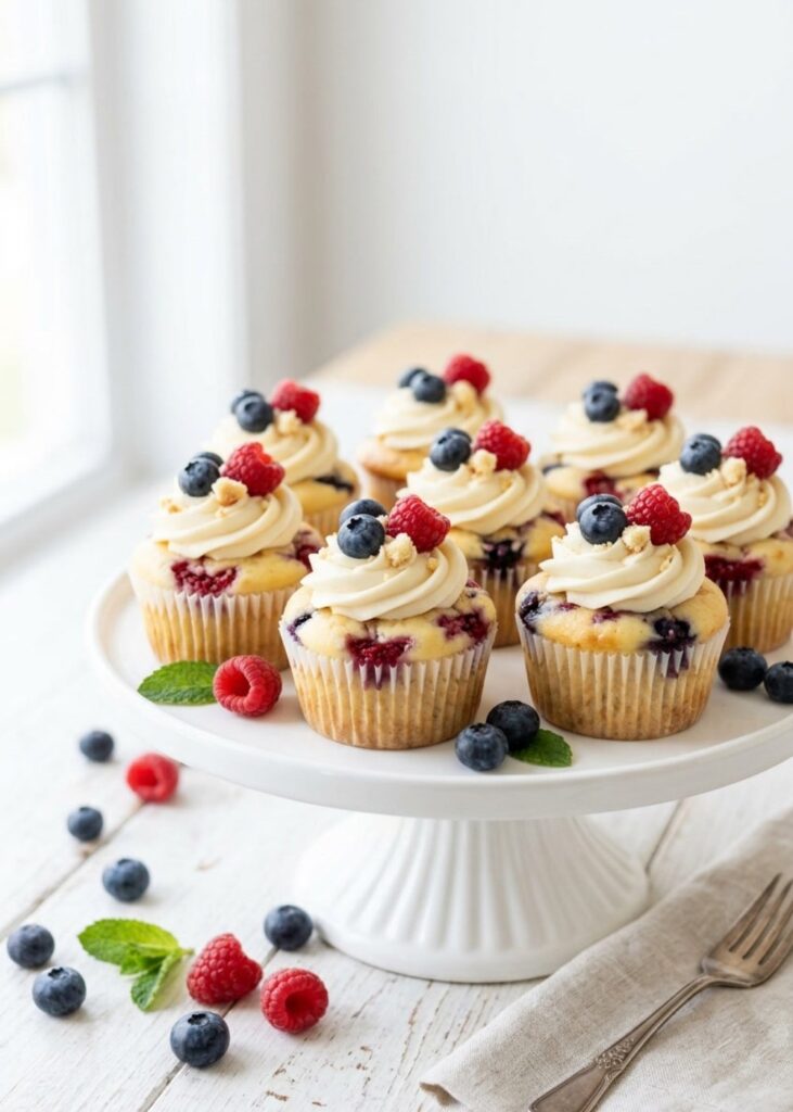 heesecake cupcakes with berry topping on a cake stand