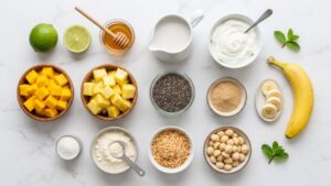 Flat lay of tropical chia pudding ingredients on white marble"
