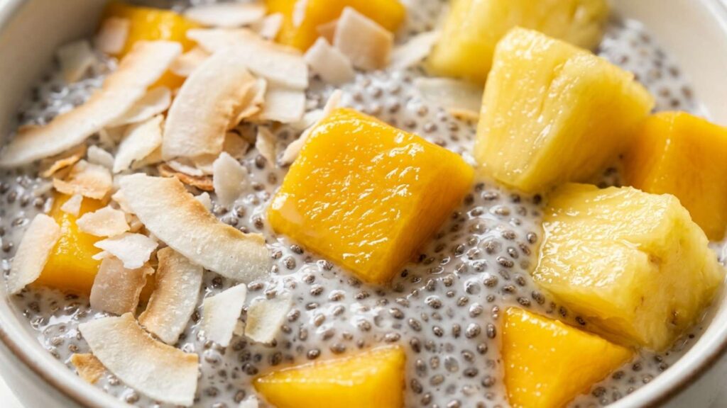 Close-up of creamy chia pudding with mango and pineapple texture