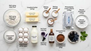 Flat lay of purple velvet cake ingredients with berries