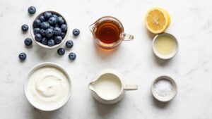 Flat lay of all ingredients for blueberry frozen yogurt on white marble
