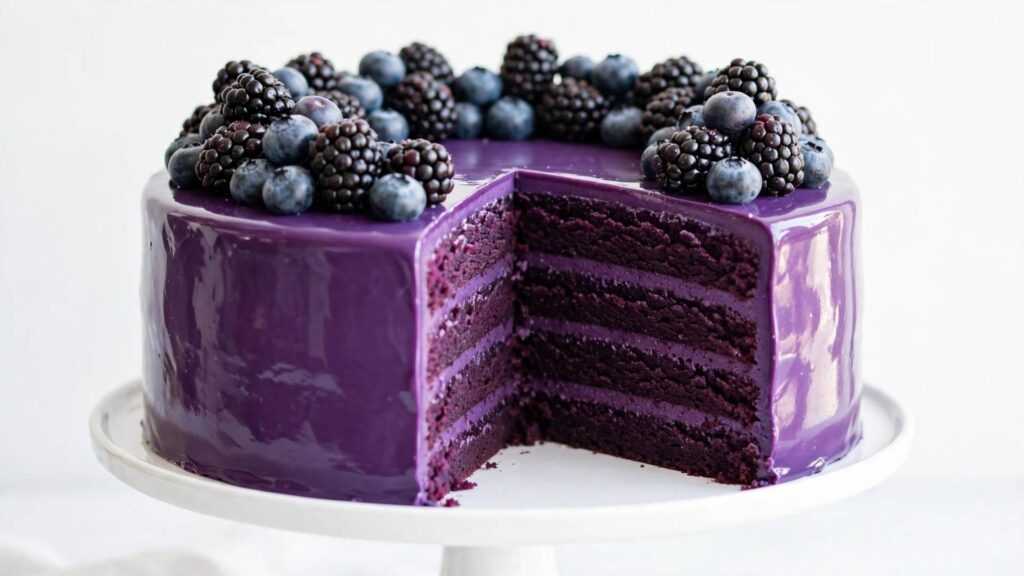 Purple velvet cake recipe with glossy frosting and berry topping