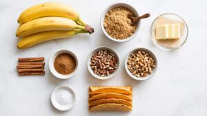 Flat lay of caramel banana nuts tacos ingredients